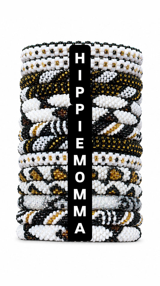 Stunning Beaded handmade Bracelets, set of 6 -  RANDOM Black Gold White  combination
