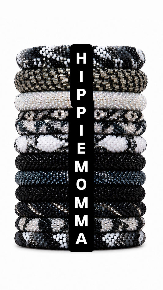 Stunning Beaded handmade Bracelets, set of 6 -  RANDOM Black, silver and white Combination