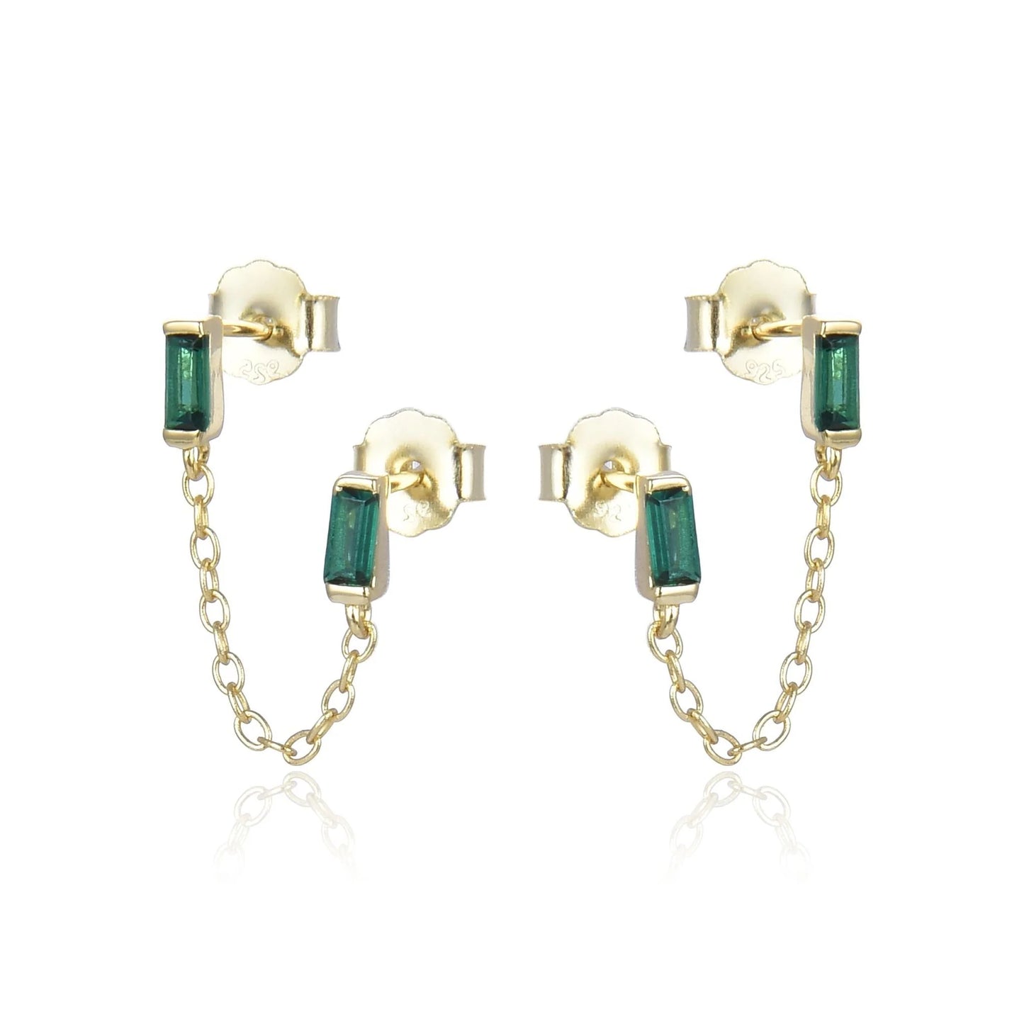 Green Emerald Cut Chain Earrings