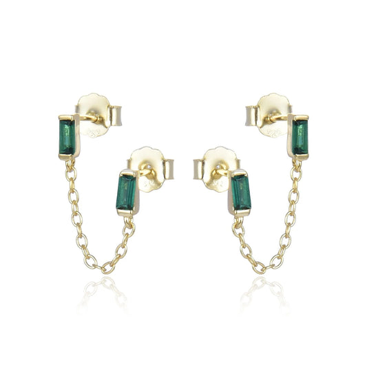 Green Emerald Cut Chain Earrings