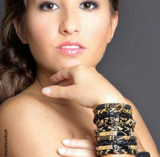 Stunning Beaded handmade Bracelets, set of 6 -  RANDOM Black/ Gold combination
