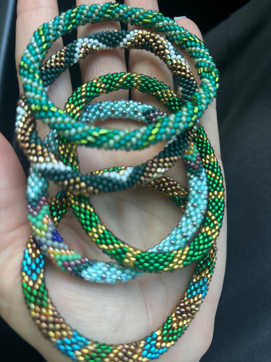 Stunning Beaded Handmade bracelets, set of 6-  RANDOM Green Combination